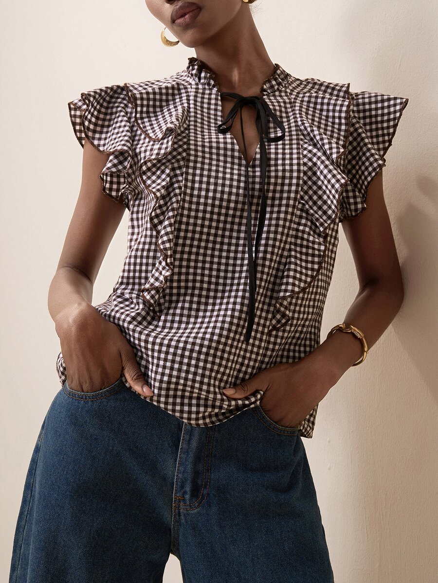 Briarwyn Plaid Ruffle Tie Cap Sleeve Blouse, Summer V-Neck Slimming Elegant Versatile Top
