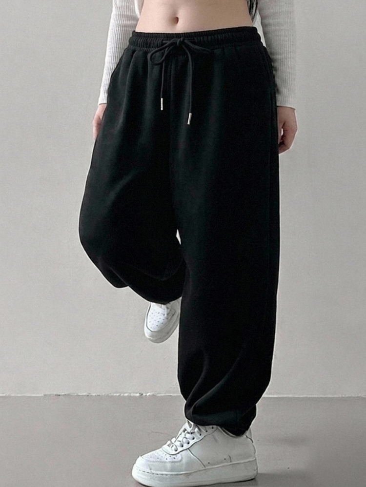 Dazy Plus Plus Size Thermal Lined Thick Elastic Waist Loose Fit Sports Casual Lantern Pants Cuffed Ankle Spring Autumn Black Long Pants - Black - View 2