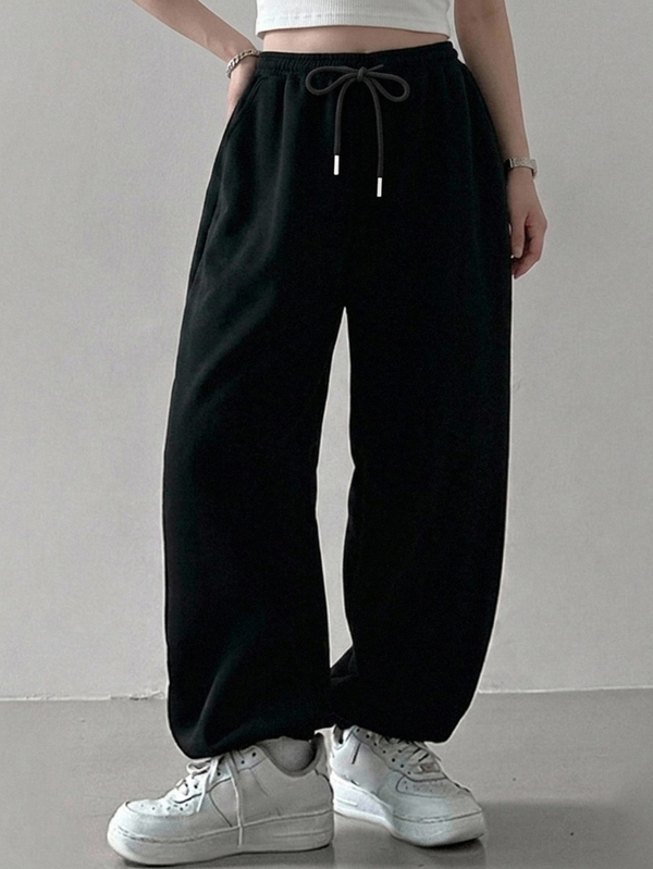 Dazy Plus Plus Size Thermal Lined Thick Elastic Waist Loose Fit Sports Casual Lantern Pants Cuffed Ankle Spring Autumn Black Long Pants