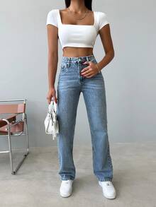 EURMUSE Casual High Waist 100%Cotton Straight Leg Jeans - Light Wash - View 5
