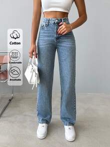 EURMUSE Casual High Waist 100%Cotton Straight Leg Jeans - Light Wash - View 1