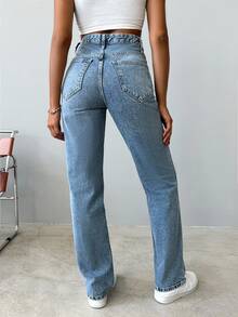EURMUSE Casual High Waist 100%Cotton Straight Leg Jeans - Light Wash - View 2