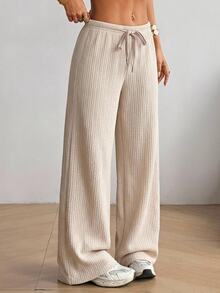 SHEIN EZwear 休閒百搭白色亮片針織女款長褲居家秋季 - 杏色 - 查看 9