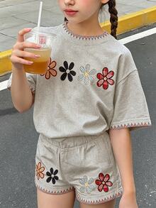 可愛復古花卉貼花刺繡圖案，青少年女孩休閒極簡短袖上衣與短褲兩件套，適合夏季日常、上學、外出、返校，時尚女孩慵懶風 - 彩色 - 查看 3