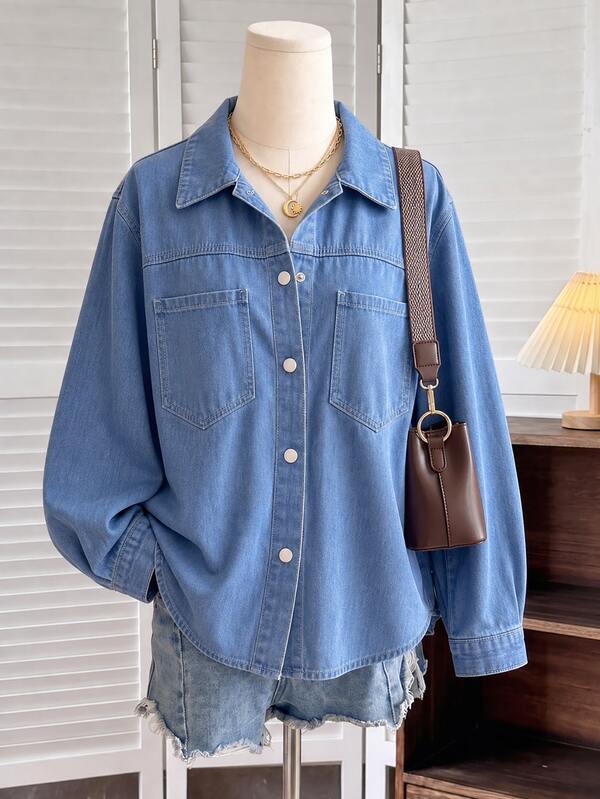 Girls' Mid-Blue Washed Denim Long Sleeve Shirt Jacket, Soft Fabric, Loose Fit, Casual Streetwear Versatile, School, Back To School Season, Holiday