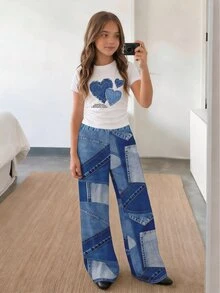 Tween Girls T-Shirt & Long Pants Knit 2 Pieces Set, Casual Daily Fashion Versatile - Multicolor - View 2