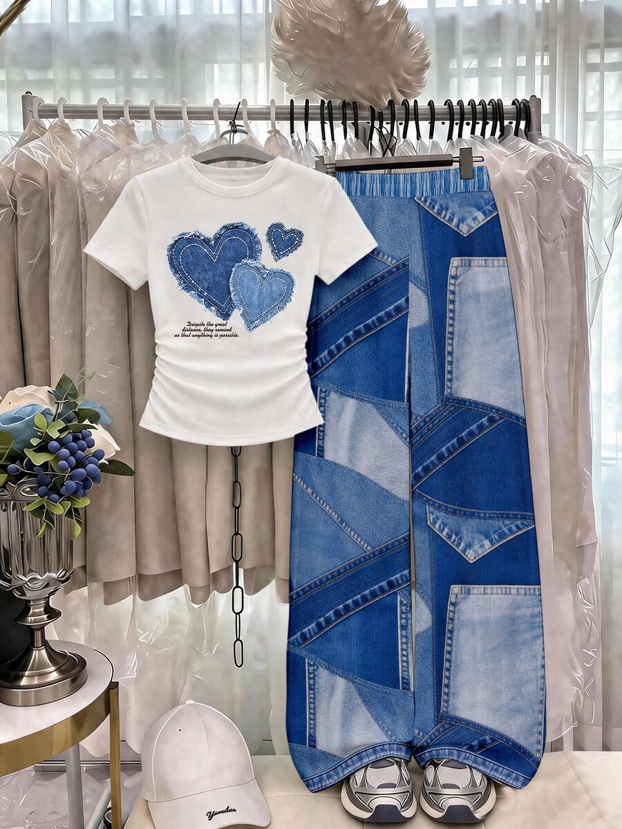 Tween Girls T-Shirt & Long Pants Knit 2 Pieces Set, Casual Daily Fashion Versatile - Multicolor - View 1