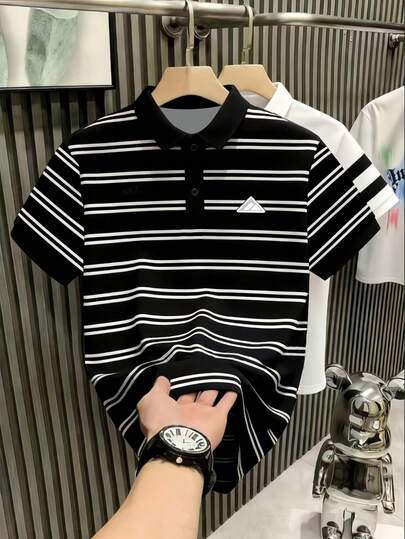Manfinity Dauomo Men's Striped Casual Versatile Commuting Short Sleeve Polo Shirt
