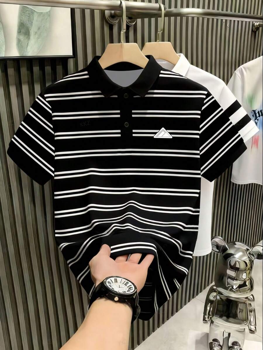 Manfinity Dauomo Camisa polo de manga corta a rayas casual y versátil para hombres