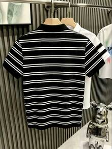 Manfinity Dauomo Camisa polo de manga corta a rayas casual y versátil para hombres - Multicolor - Ver 3