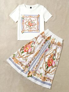 Mulvari Floral & Chain Print Tee & Skirt 2 Piece Set - Multicolor - View 3