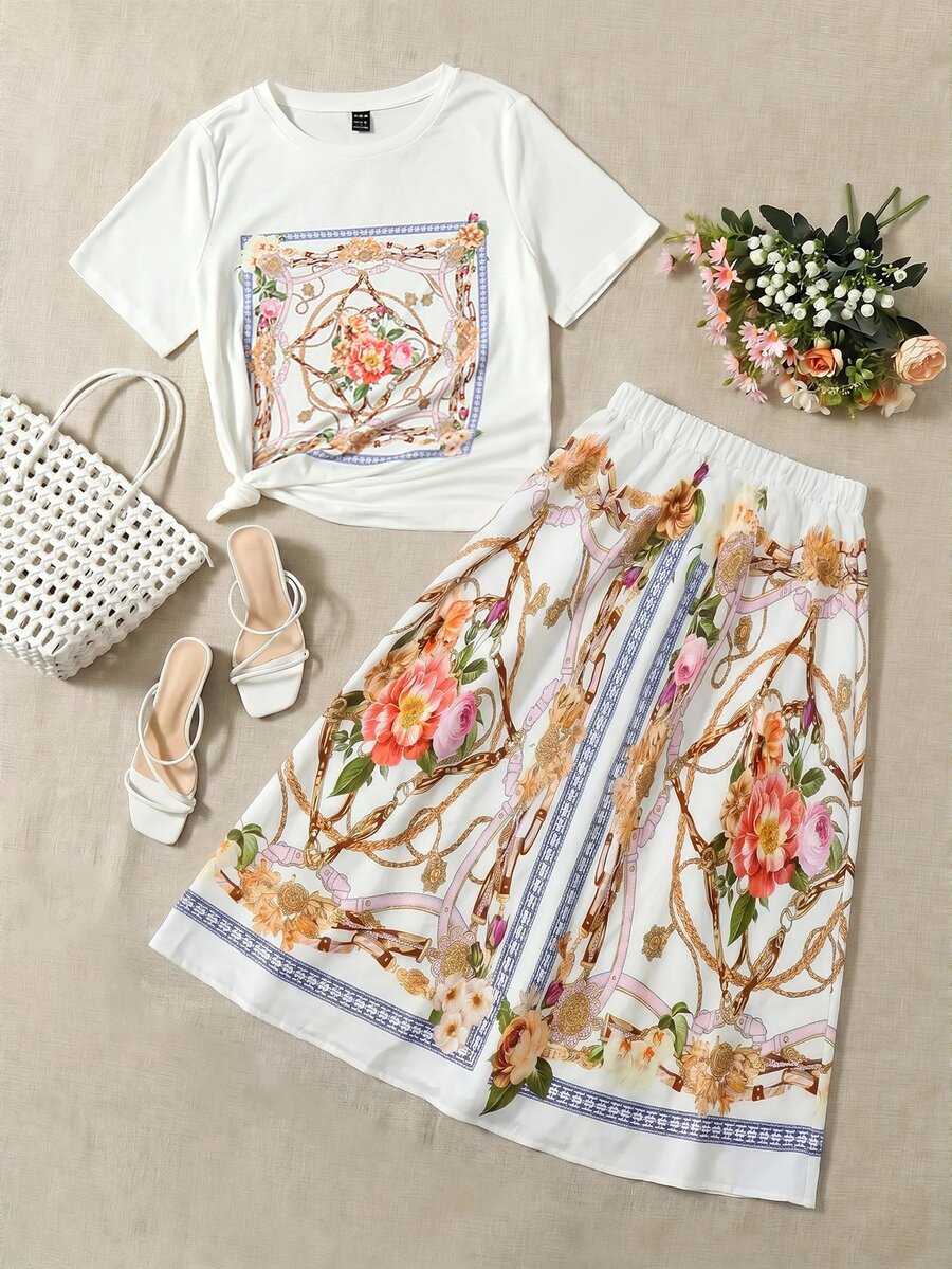 Mulvari Floral & Chain Print Tee & Skirt 2 Piece Set - Multicolor - View 1