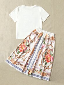 Mulvari Floral & Chain Print Tee & Skirt 2 Piece Set - Multicolor - View 2