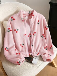 SHEIN 1件女童軟萌甜美風居家戶外上學通勤秋冬淺粉色珊瑚絨櫻桃圖案立領拉鍊寬鬆短款毛絨外套 - 粉色 - 查看 9