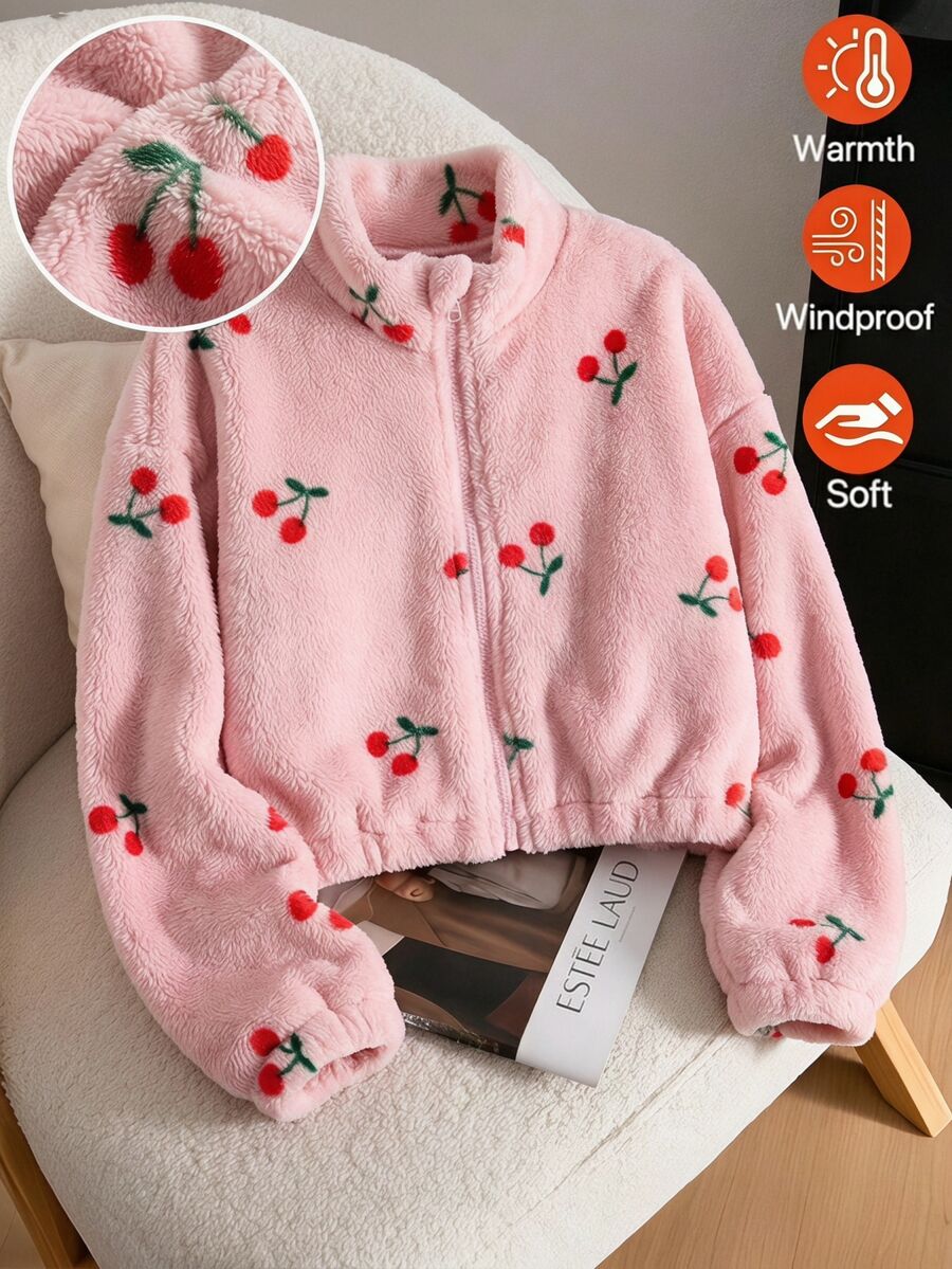 SHEIN 1件女童軟萌甜美風居家戶外上學通勤秋冬淺粉色珊瑚絨櫻桃圖案立領拉鍊寬鬆短款毛絨外套 - 粉色 - 查看 1