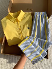 Comfortcana Horse Embroidery Shirt & Striped Print Pants - Yellow - View 2