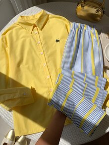 Comfortcana Horse Embroidery Shirt & Striped Print Pants - Yellow - View 5