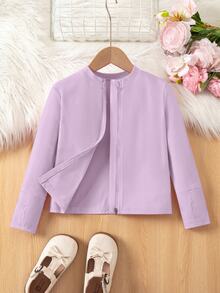 SHEIN 女童純色長袖拉鍊連帽秋季外套 - 紫色 - 查看 7