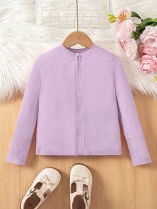 SHEIN 女童純色長袖拉鍊連帽秋季外套 - 紫色 - 查看 6