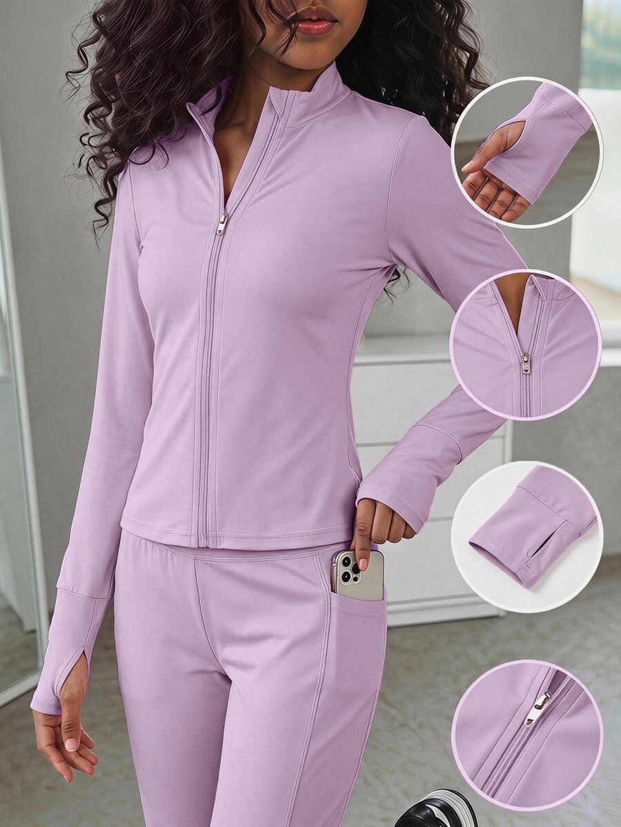 SHEIN 女童純色長袖拉鍊連帽秋季外套 - 紫色 - 查看 1