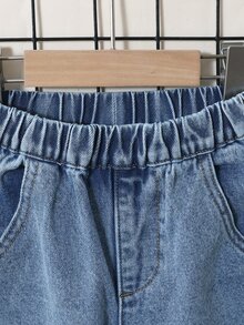 SHEIN Young Boys Denim Jeans, Little Boys Casual Cute Embroidered Pattern Large Pocket Design Medium Blue Washed Loose Fit Straight Leg Jeans, Suitable For Young Boys, Spring/Autumn New Style - Blue - View 6