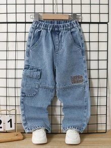 SHEIN Young Boys Denim Jeans, Little Boys Casual Cute Embroidered Pattern Large Pocket Design Medium Blue Washed Loose Fit Straight Leg Jeans, Suitable For Young Boys, Spring/Autumn New Style - Blue - View 3