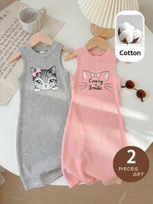 SHEIN LMoss 少女可愛貓咪印花無袖休閒兩件式洋裝套裝 - 彩色 - 查看 2