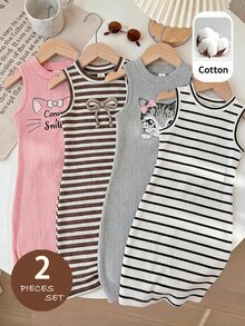 SHEIN LMoss 少女可愛貓咪印花無袖休閒兩件式洋裝套裝 - 彩色 - 查看 1
