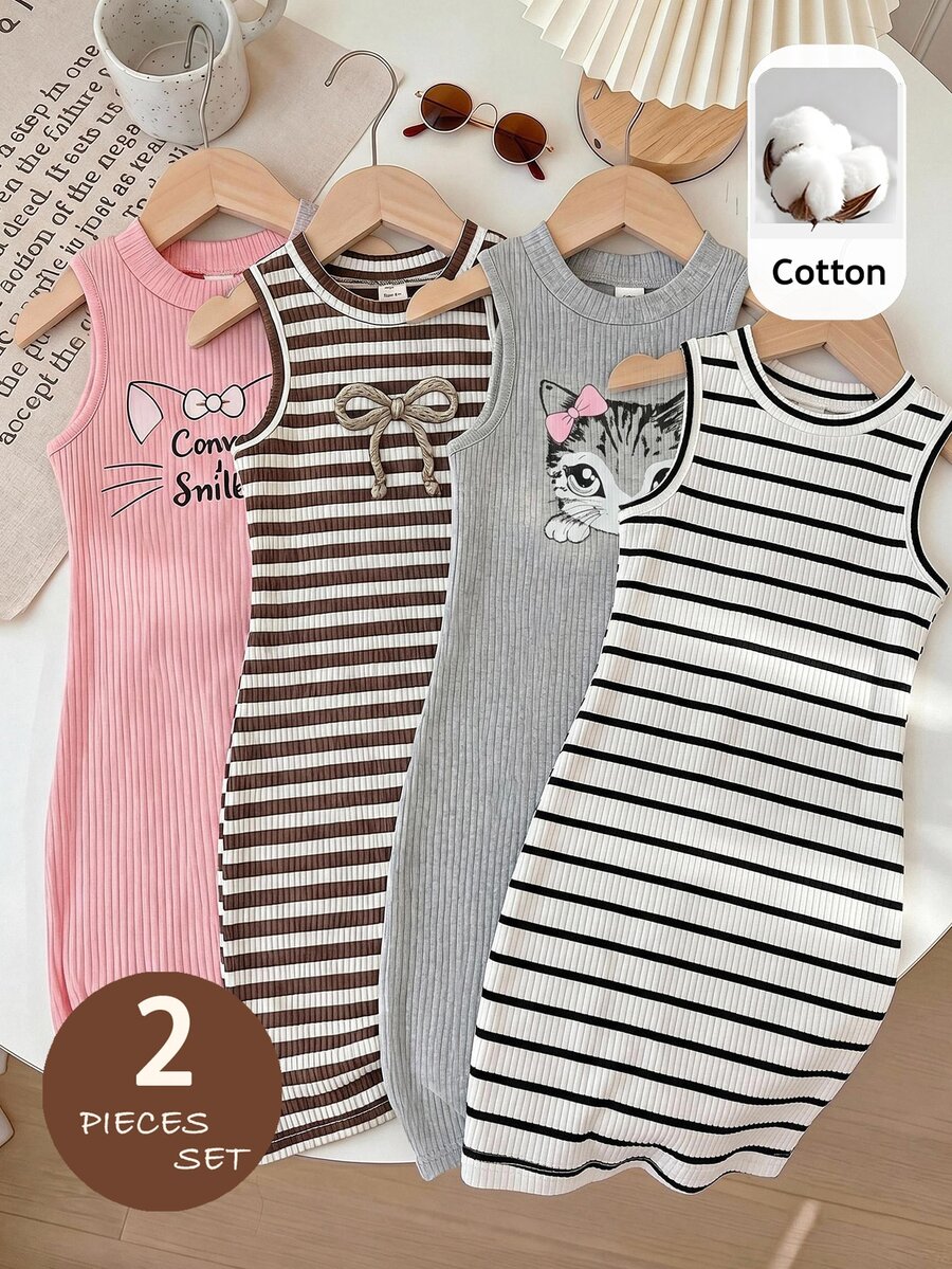 SHEIN LMoss 少女可愛貓咪印花無袖休閒兩件式洋裝套裝 - 彩色 - 查看 1