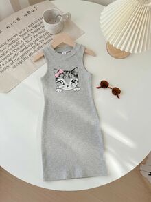 SHEIN LMoss 少女可愛貓咪印花無袖休閒兩件式洋裝套裝 - 彩色 - 查看 4