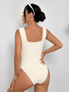 SHEIN PETITE 純色圓領背心式黑色連身衣，適合嬌小女性 - 米色 - 查看 2