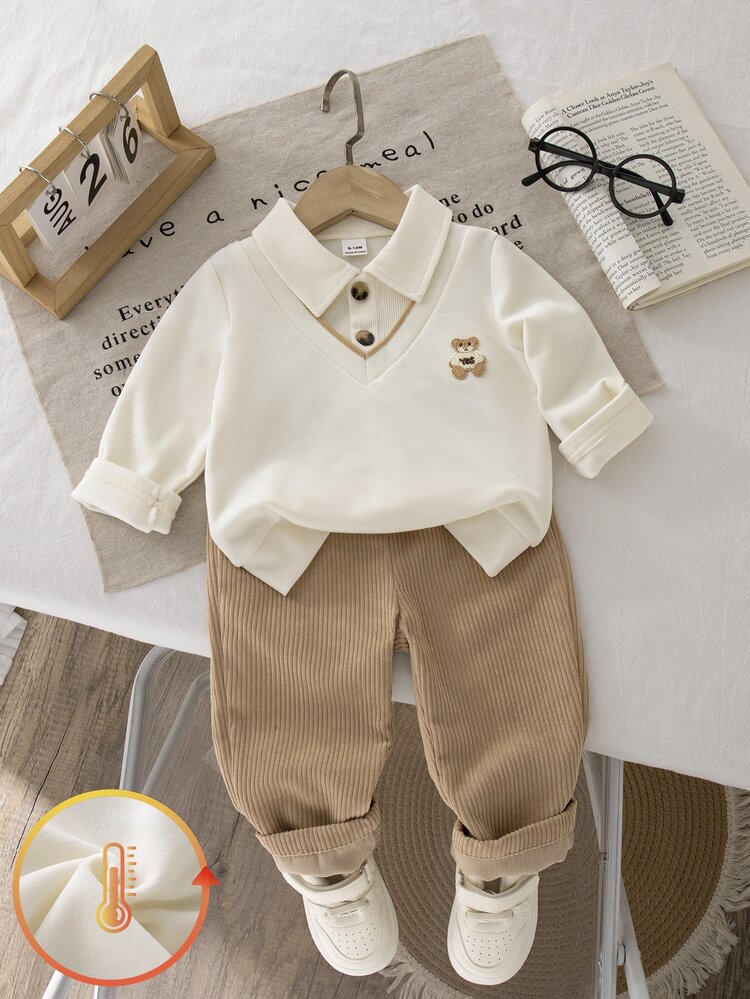 SHEIN Playful Pals 2pcs Baby Boy Polo Shirt Pants Cute Preppy Cream Khaki Bear Embroidery Patchwork 2 In 1 Long Sleeve Polo Collar Thick Birthday Autumn Cozy Cargo - White - View 1