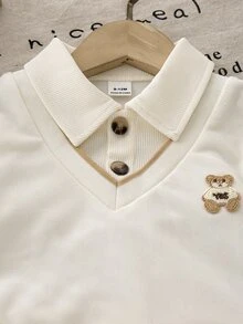 SHEIN Playful Pals 1件男嬰針織長袖 Polo 領 2 合 1 套裝，秋季休閒款 - 白色 - 查看 6
