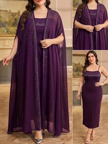 SHEIN Clasi Plus Size Women's Rhinestone Batwing Sleeve Robe And Camisole Dress Elegant 2-Piece Set - Purple - View 9
