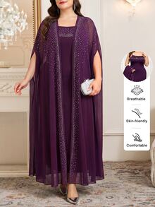 SHEIN Clasi Plus Size Women's Rhinestone Batwing Sleeve Robe And Camisole Dress Elegant 2-Piece Set - Purple - View 2