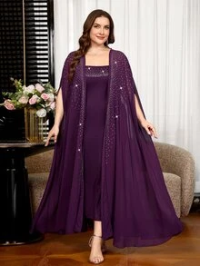SHEIN Clasi Plus Size Women's Rhinestone Batwing Sleeve Robe And Camisole Dress Elegant 2-Piece Set - Purple - View 6