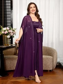 SHEIN Clasi Plus Size Women's Rhinestone Batwing Sleeve Robe And Camisole Dress Elegant 2-Piece Set - Purple - View 4