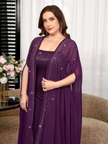 SHEIN Clasi Plus Size Women's Rhinestone Batwing Sleeve Robe And Camisole Dress Elegant 2-Piece Set - Purple - View 7