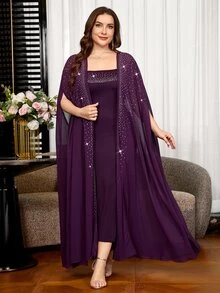 SHEIN Clasi Plus Size Women's Rhinestone Batwing Sleeve Robe And Camisole Dress Elegant 2-Piece Set - Purple - View 8
