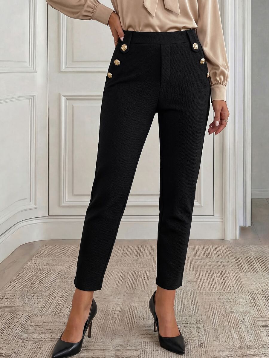 Medorina Button Detail Slant Pocket Suit Pants - Black - View 1