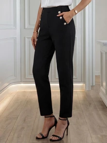 Medorina Button Detail Slant Pocket Suit Pants - Black - View 2