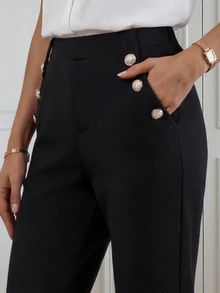 Medorina Button Detail Slant Pocket Suit Pants - Black - View 7