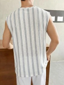 NORVETH 男士条纹圆领休闲宽松背心 - 灰色 - 查看 4