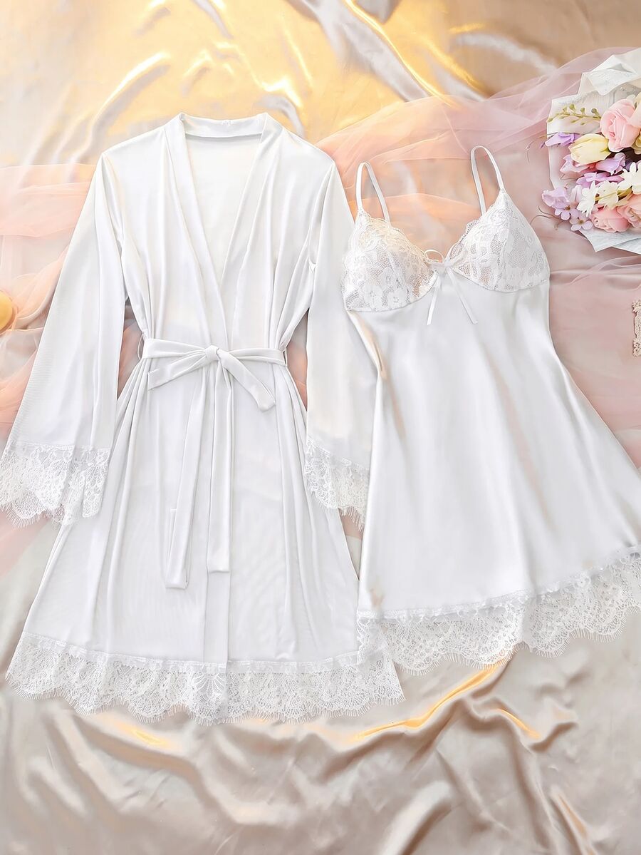 DelicateAllure Women's Lace Patchwork Camisole Nightgown & Robe Sleepwear Set - White - View 1