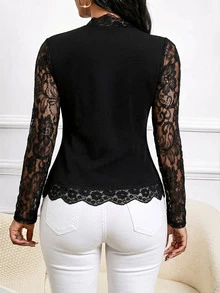 SHEIN Lady 女款對比蕾絲長袖開襟優雅輕量夾克 - 黑色 - 查看 2