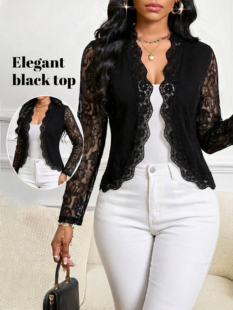 SHEIN Lady Women's Contrast Lace Long Sleeve Open Front Elegant Lightweight Jacket - Black - View 1