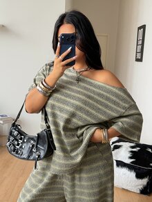 Coolane 女款大尺碼夏秋休閒居家舒適淺黃條紋露肩T恤與寬腿運動褲兩件套套裝 - 綠色 - 查看 8