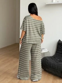 Coolane 女款大尺碼夏秋休閒居家舒適淺黃條紋露肩T恤與寬腿運動褲兩件套套裝 - 綠色 - 查看 7