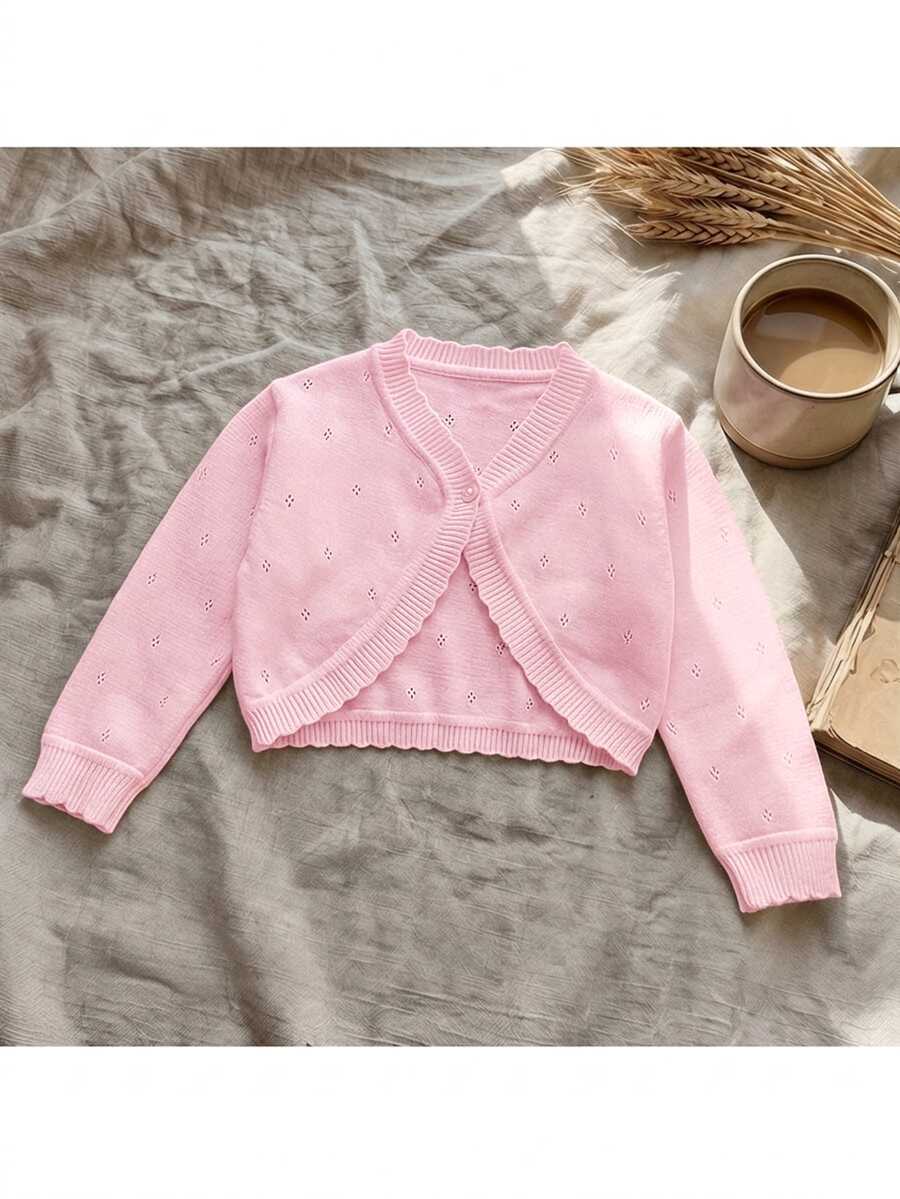 SHEIN Baby Girl Knitted Long Sleeve Lightweight Cardigan Autumn Sweater With Decorative Trim - Baby Pink - View 1