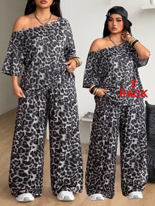 Coolane Women's Plus Size Summer Fall Streetwear Basic Daily Wear Going Out Sport Comfy Off Shoulder Leopard T-Shirt And Wide Leg Sweatpants Two Pieces - Grey - View 3